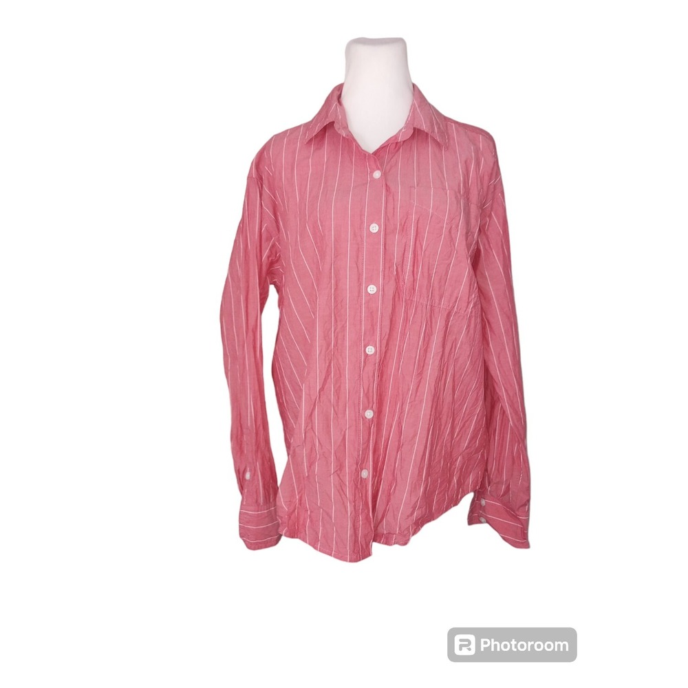 American Eagle XS Oversized Boxy Red Pink Vertical Striped‎ Button Front Shirt